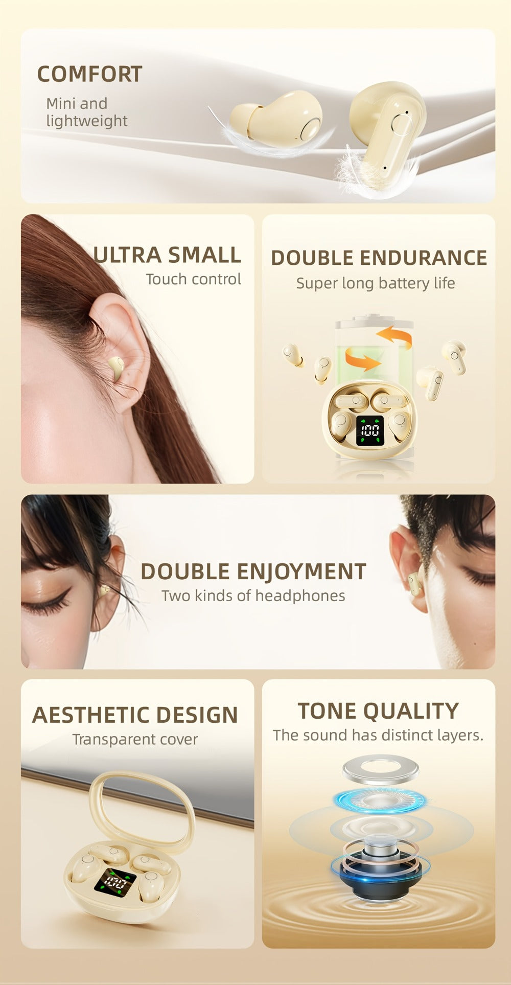 Wireless Earbuds MSHUKCOE 2-in-1 Mini Sleep Style with Touch Controls and Black, Khaki or Purple Choices