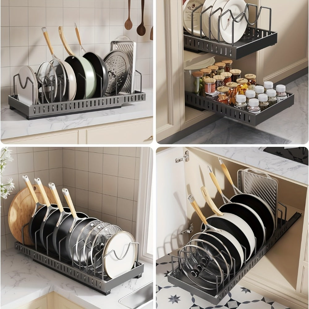 Pull-Out Pot and Pan Lid Rack Cabinet Sliding Storage Organizer - Kitchen Cabinet Slide-Out Box with 8/16 Adjustable Dividers for Lids