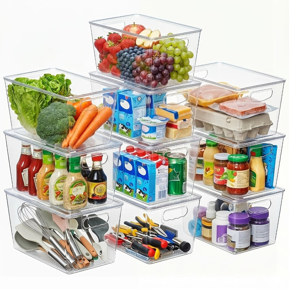 Storage Bins, Ten-Pack Clear Stackable Pantry Containers with Lids and Handles, 11 x 7.5 x 6 Inches