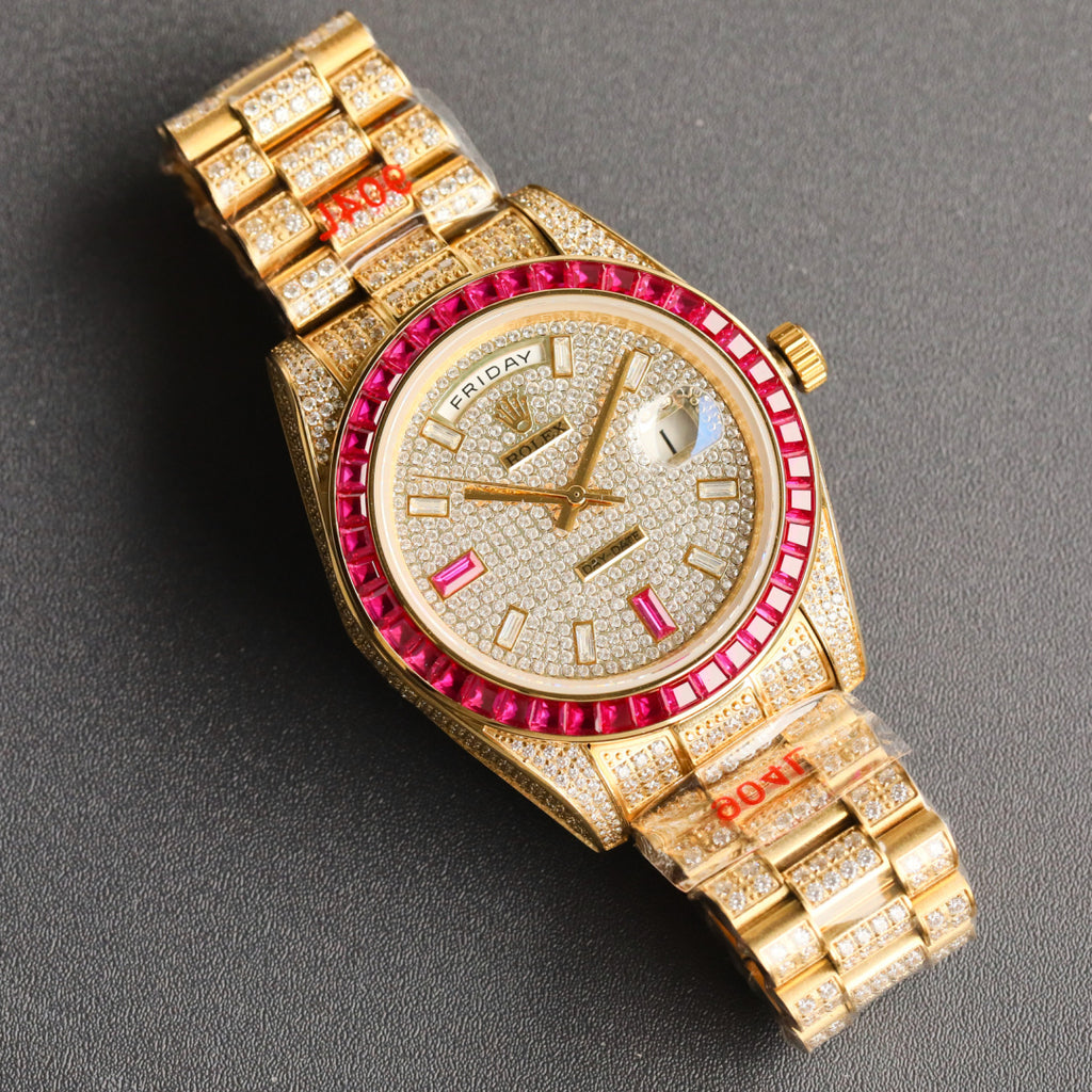 Rolex Day-Date Iced Out – Yellow Gold Diamond Pavé Dial Ruby Baguette Bezel President Bracelet