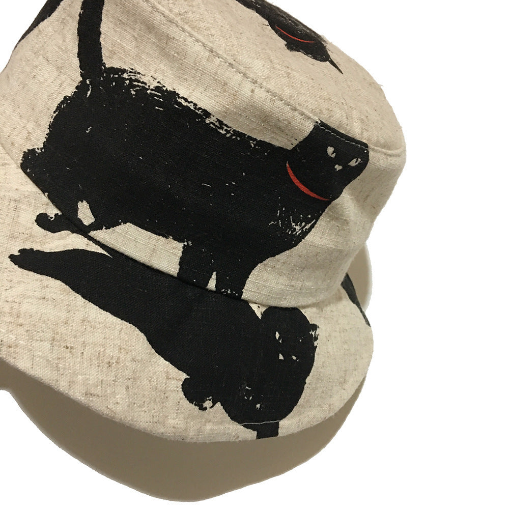 Henderson Black Cat Print Cotton Linen Bucket Hat – Flat Brim, Unisex