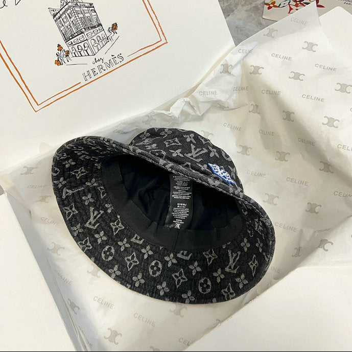 Luxury Monogram Black Denim Bucket Hat with Embroidered Logo Patch
