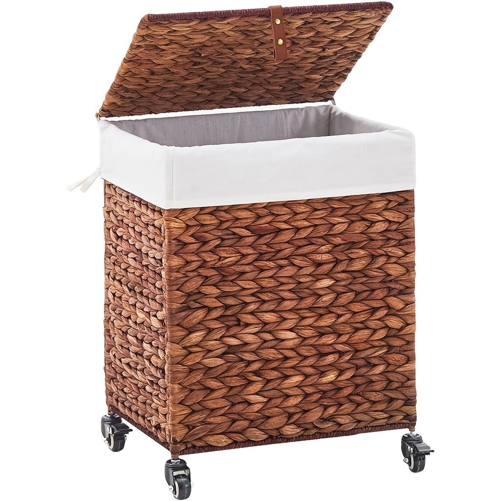 Laundry Basket with Lid & Handles - Handwoven Water Hyacinth Wicker Hamper, Removable Cotton Liner