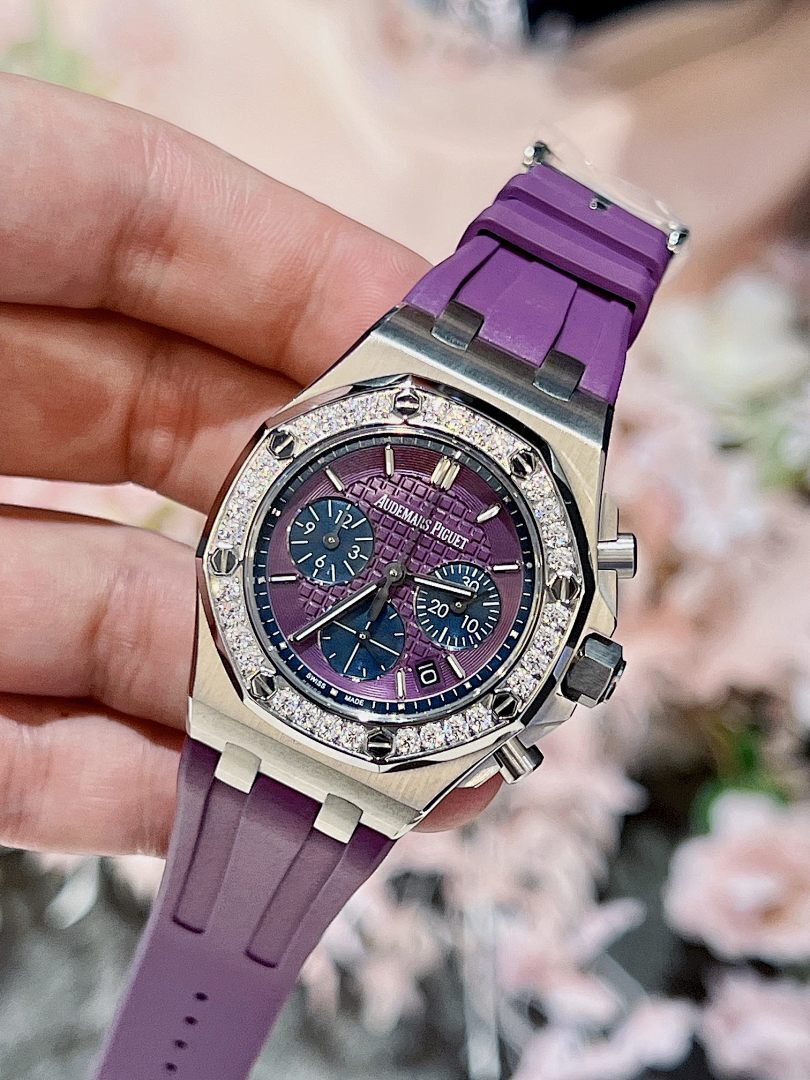 Audemars Piguet Royal Oak Offshore Chronograph – Steel Diamond Bezel Purple Mega Tapisserie Dial Date Purple Rubber Strap