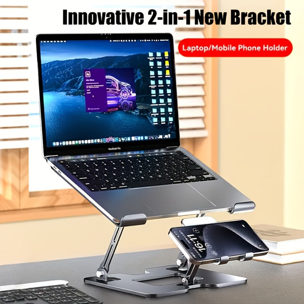 2-in-1 Laptop and Phone Stand with Adjustable Foldable Metal Frame in Silver or Black for Desk Use