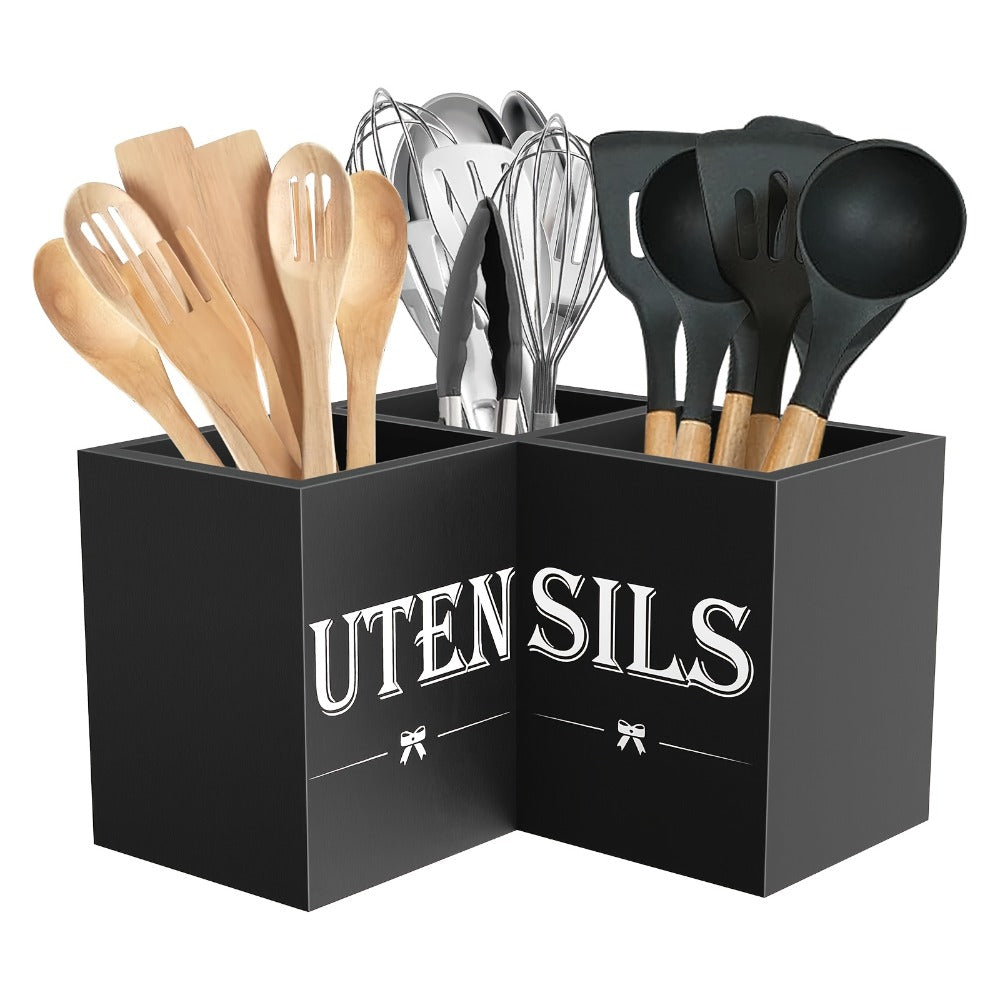 Utensil Caddy Kitchen Organizer 3-Compartment Solid Wood Countertop Holder in Black Farmhouse Style