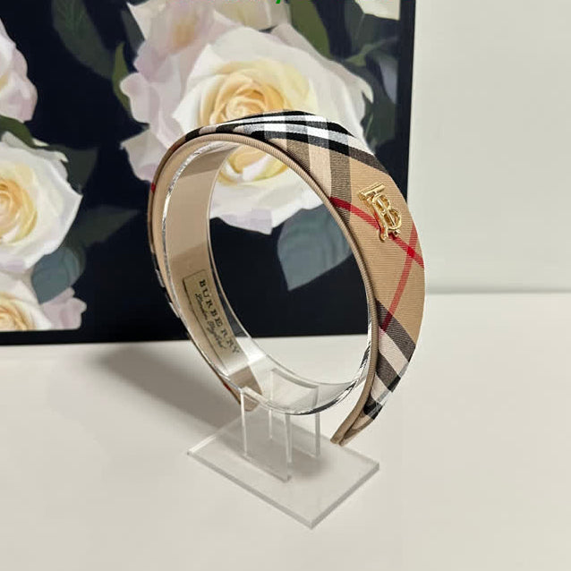 Classic Check Plaid Headband with Gold Monogram Pin