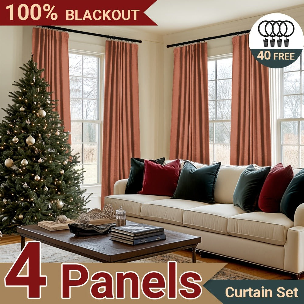 Four Faux Linen Textured Panels with Thermal Insulation and Rod Pockets for Living Room and Bedroom, 100% Blackout Curtains