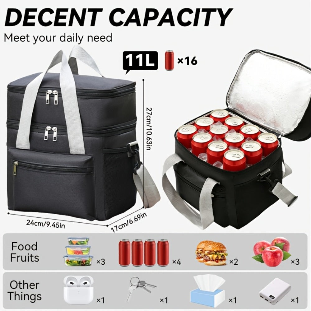 Double-Layer Lunch Bag Tote with Upper and Lower Compartments, Shoulder Strap and Four Colors