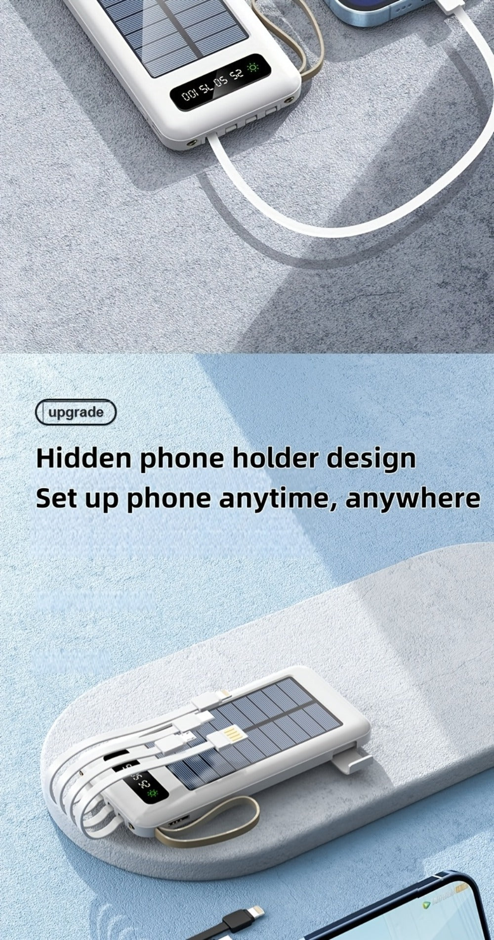 Solar Power Bank for Portable Device Charging, Built-In Cables and Digital Display, 10000-30000mAh