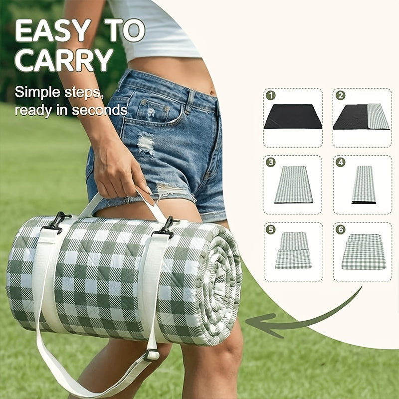 Beach Blanket for Outdoor Picnics, Dark Green Padded 80 x 80-Inch Roll-Up Mat with Buckled Carry Straps