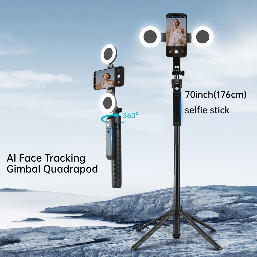 70-Inch Black Tracking Selfie Stick Tripod with Round Fill Light, Floor Base, Remote and Three Light Settings