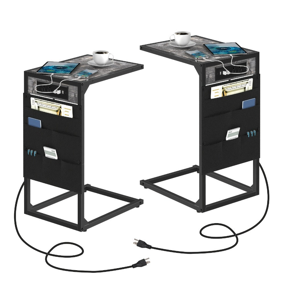 C-Shaped Sofa End Table with Optional Charging or Storage Bags, One- and Two-Piece Configurations