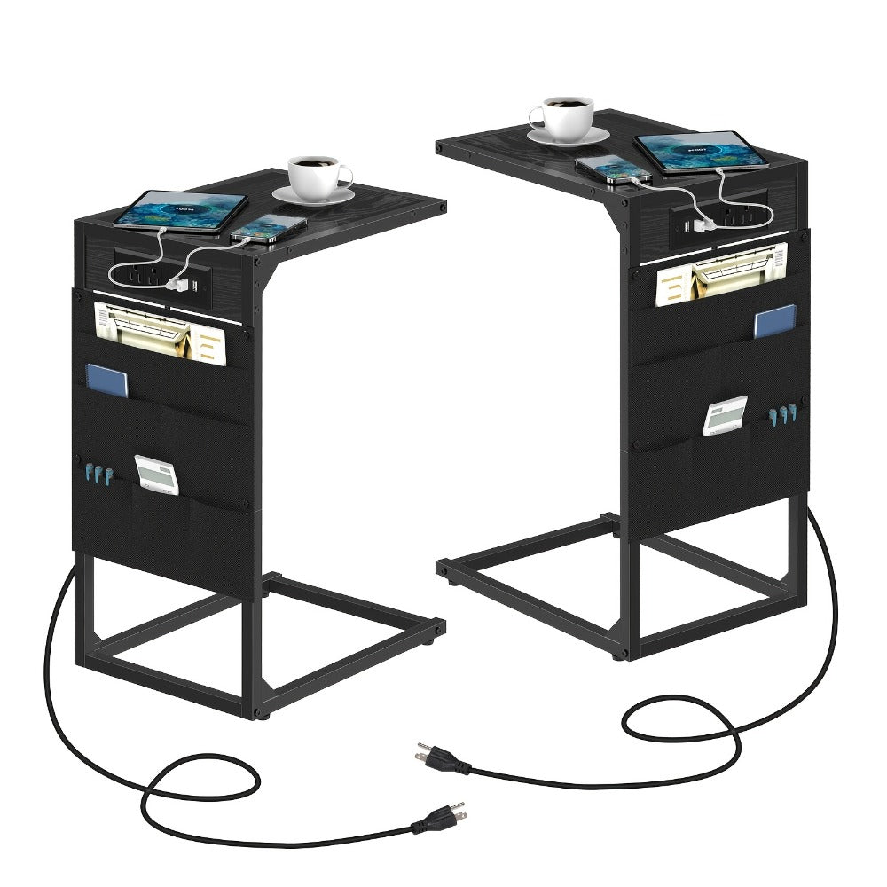 C-Shaped Sofa End Table with Optional Charging or Storage Bags, One- and Two-Piece Configurations