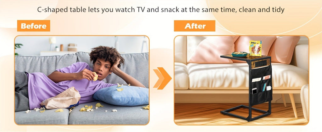 C-Shaped Sofa End Table with Optional Charging or Storage Bags, One- and Two-Piece Configurations