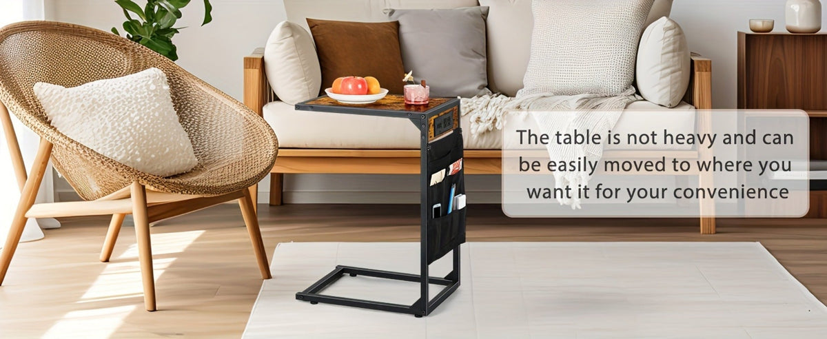 C-Shaped Sofa End Table with Optional Charging or Storage Bags, One- and Two-Piece Configurations
