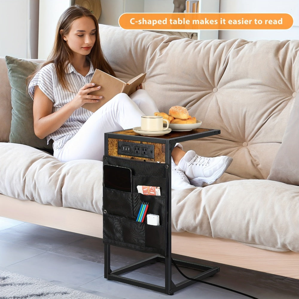 C-Shaped Sofa End Table with Optional Charging or Storage Bags, One- and Two-Piece Configurations
