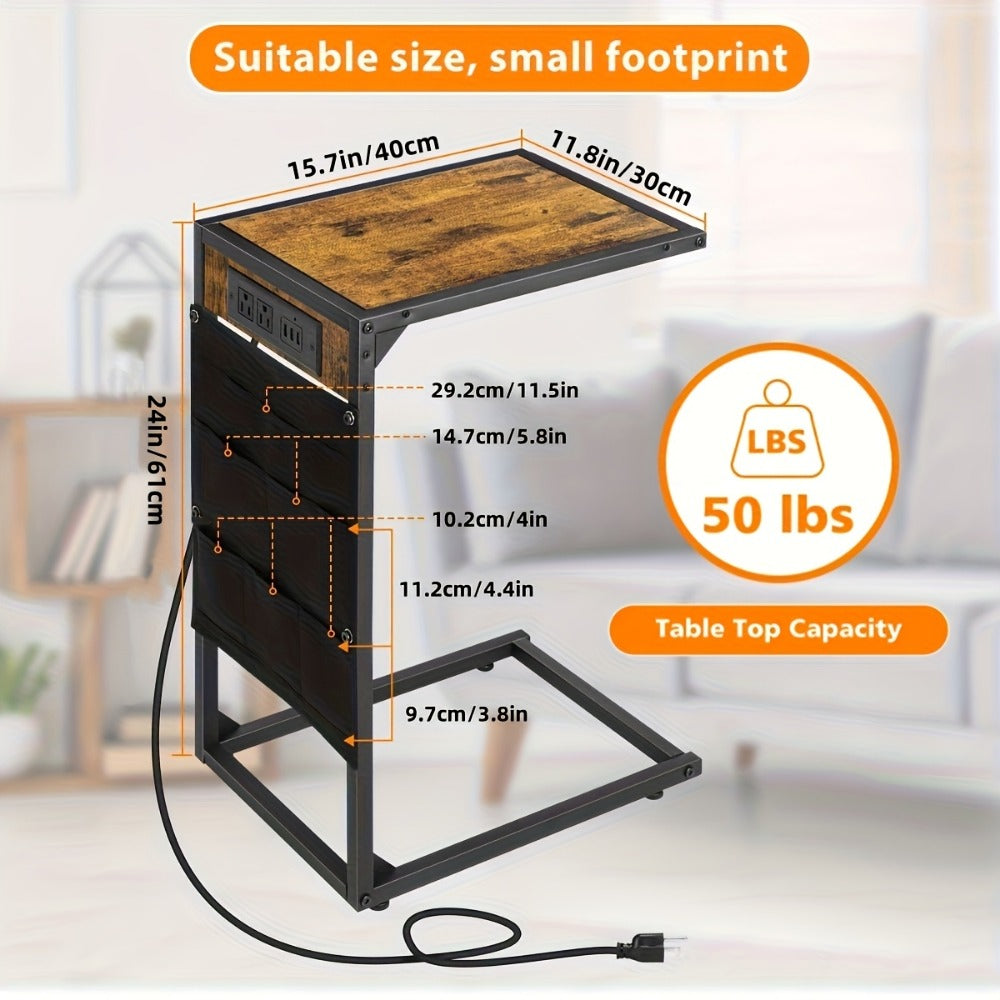 C-Shaped Sofa End Table with Optional Charging or Storage Bags, One- and Two-Piece Configurations