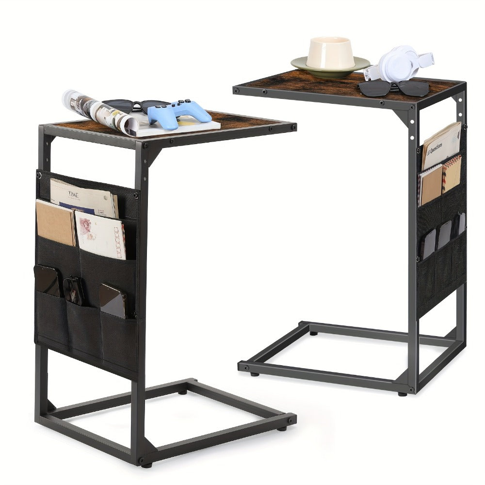C-Shaped Sofa End Table with Optional Charging or Storage Bags, One- and Two-Piece Configurations