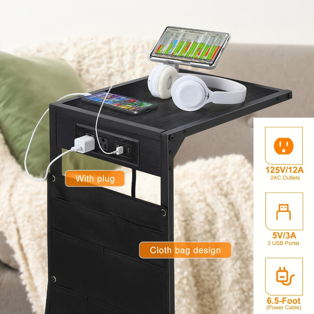 C-Shaped Sofa End Table with Optional Charging or Storage Bags, One- and Two-Piece Configurations