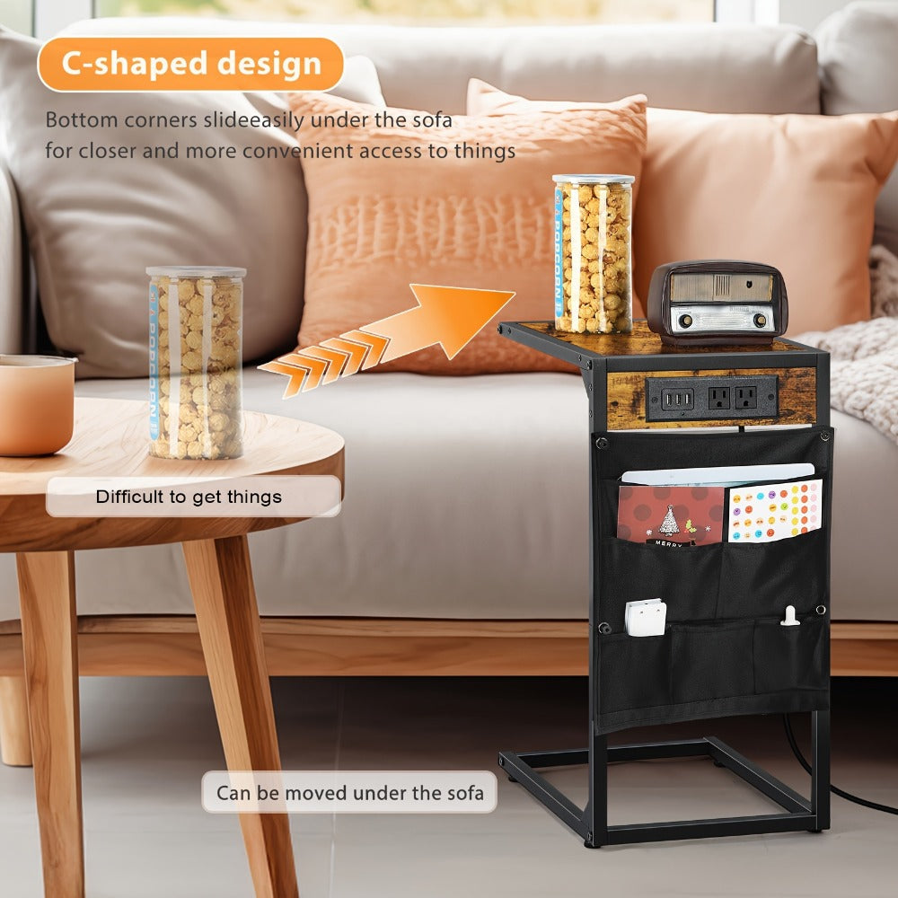 C-Shaped Sofa End Table with Optional Charging or Storage Bags, One- and Two-Piece Configurations