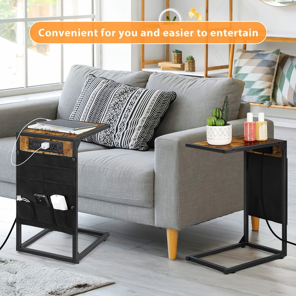 C-Shaped Sofa End Table with Optional Charging or Storage Bags, One- and Two-Piece Configurations