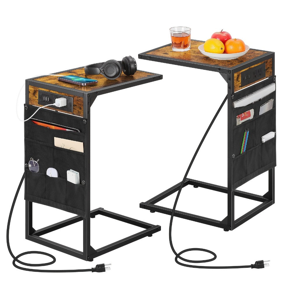 C-Shaped Sofa End Table with Optional Charging or Storage Bags, One- and Two-Piece Configurations