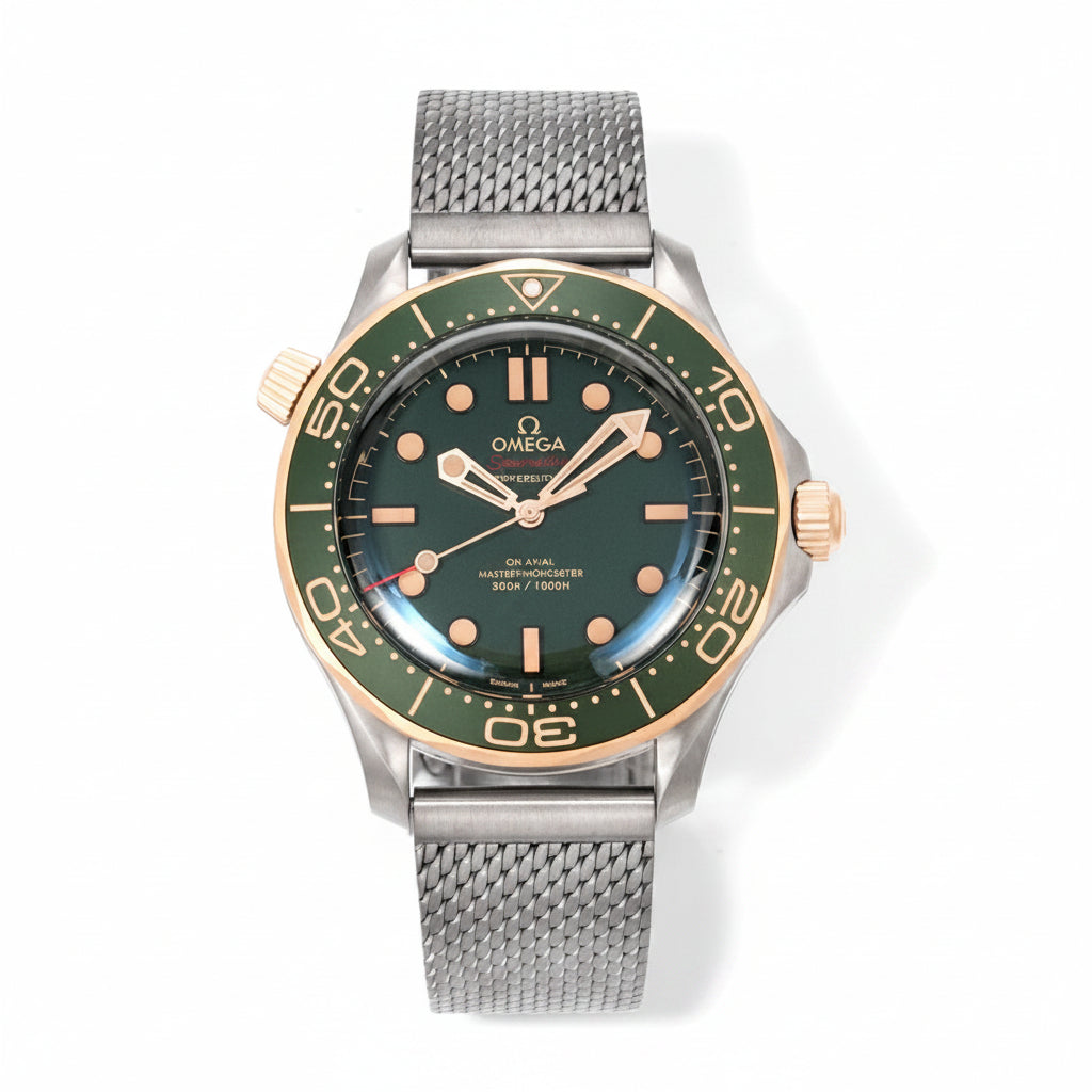 Omega Seamaster Diver 300M – Steel Yellow Gold Green Ceramic Bezel Green Dial Mesh Bracelet 007 Edition