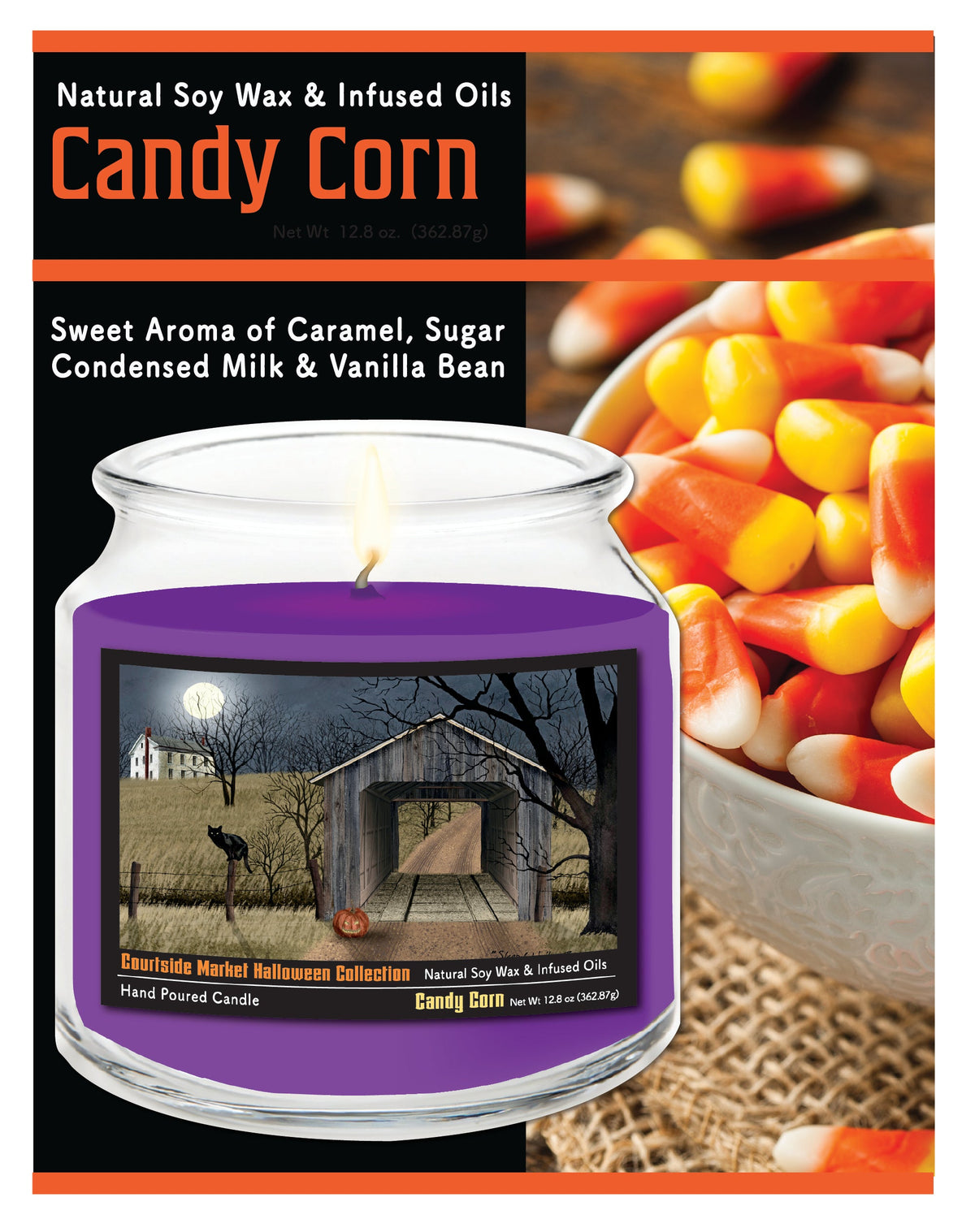 Halloween Collection Black Cat & Jack-O-Lantern 12.8 Oz Candle Glass Jar with Brushed Silver Metal Lid