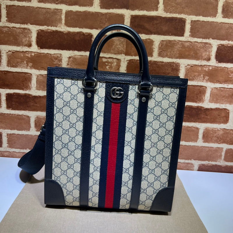 Gucci Ophidia GG Supreme Medium Tote Bag – Navy Leather Trim Web Stripe Silver GG