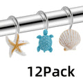 12-Piece Marine Shower Curtain Hook Set with Blue Turtle, Starfish and Seashell Decorations