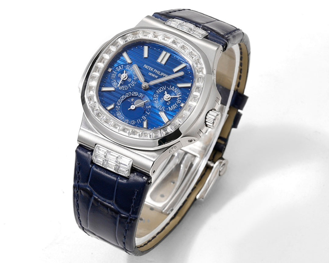 Patek Philippe Nautilus 5726 Annual Calendar – White Gold Baguette Diamond Bezel Blue Dial Moon Phase Blue Crocodile Strap