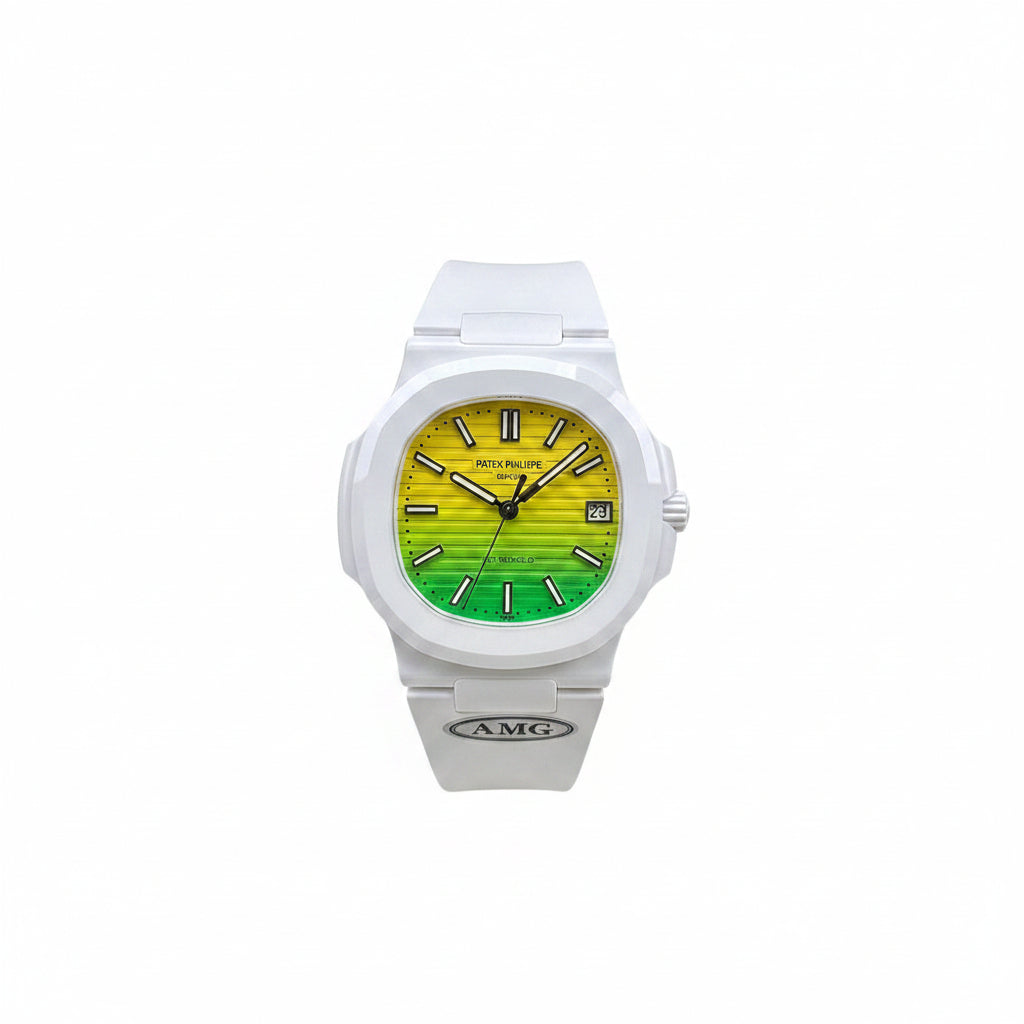 Patek Philippe Nautilus 5711 × AET Remould – White Ceramic Case & Bracelet Yellow Green Gradient Dial Date