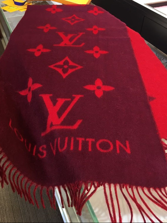 Louis Vuitton 100% Cashmere Monogram Scarf – Burgundy & Red