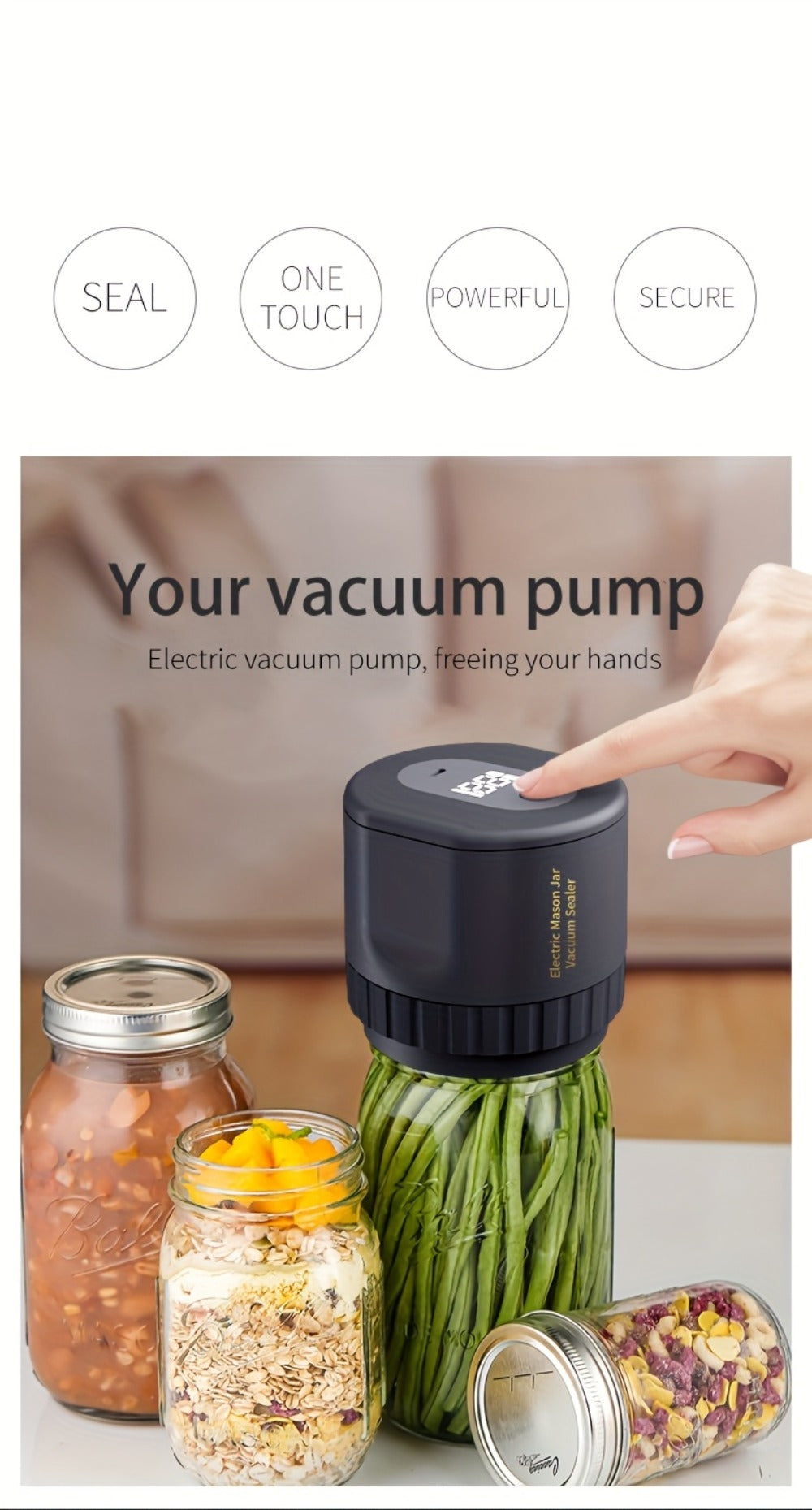 Vacuum Sealer Kit with Regular- and Wide-Mouth Adapters and Lid Accessories and Charging Cable