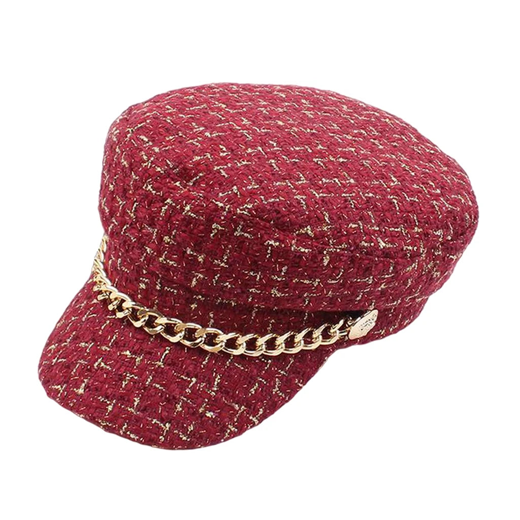 Karierte Tweed-Schiebermütze mit Kette