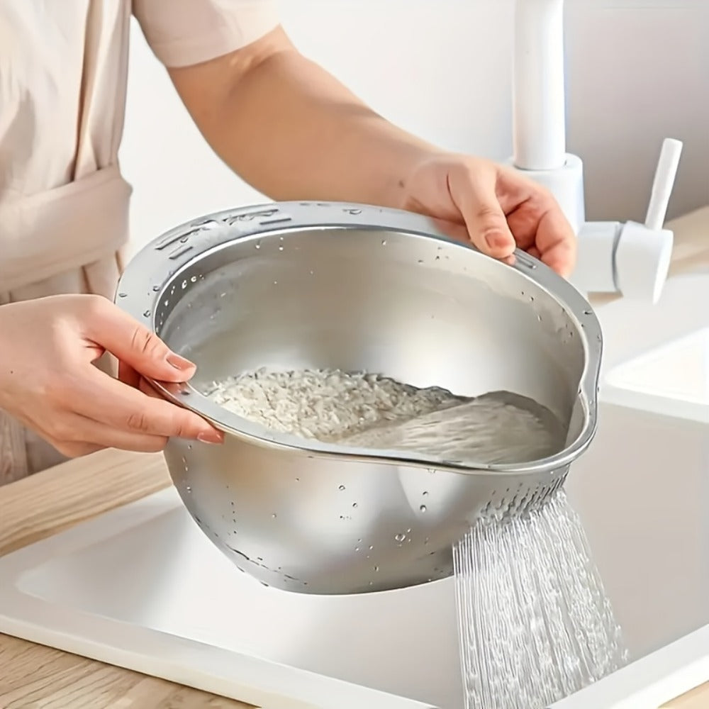 Stainless Steel Kitchen Colander with Handle - Multipurpose Rice Strainer Mesh Basket for Washing Rice