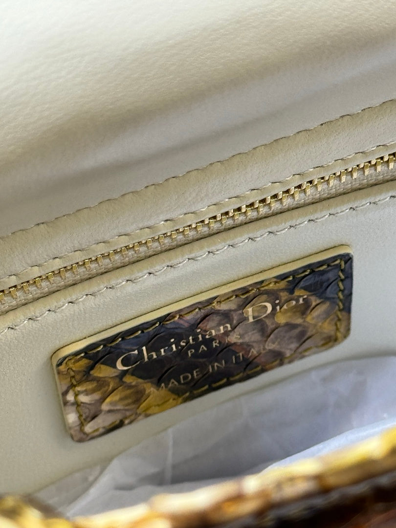 Dior Lady Dior Mini – Python Exotic Skin Brown Gold Tonal Silver Hardware DIOR Charm Chain Strap