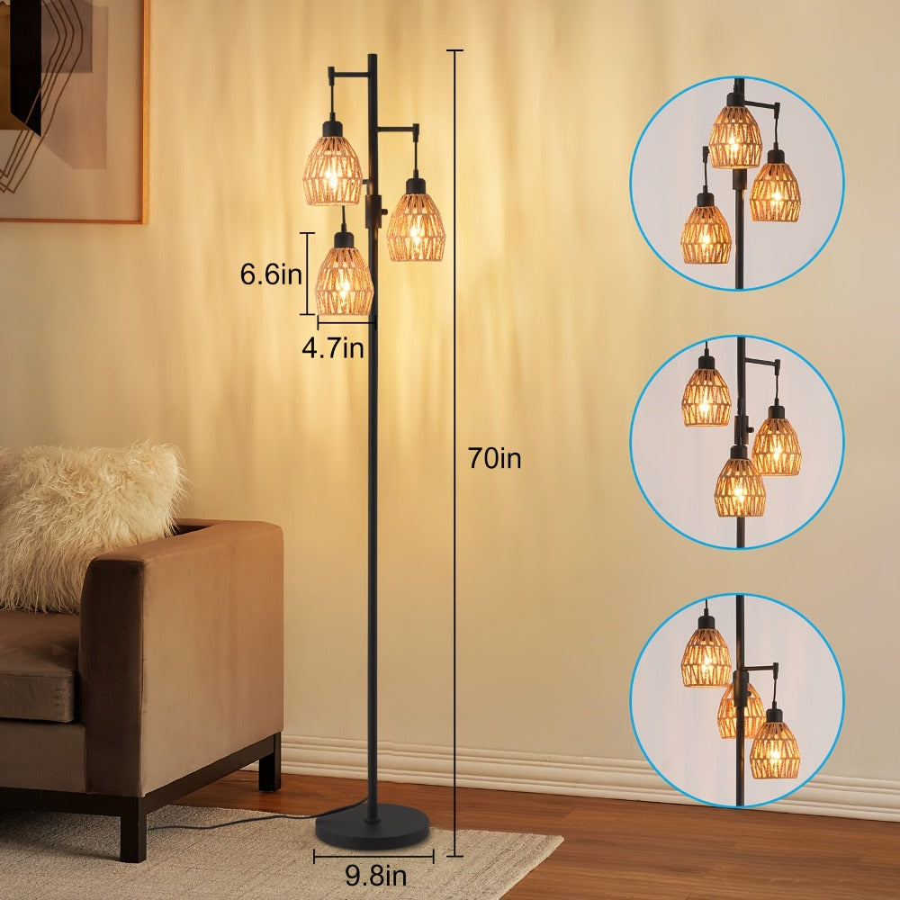 Boho Dimmable 3-Light Stepless Dimming Standing Lamp, Dining Room Warm Bohemian Home Lighting, Rattan Floor Lamp