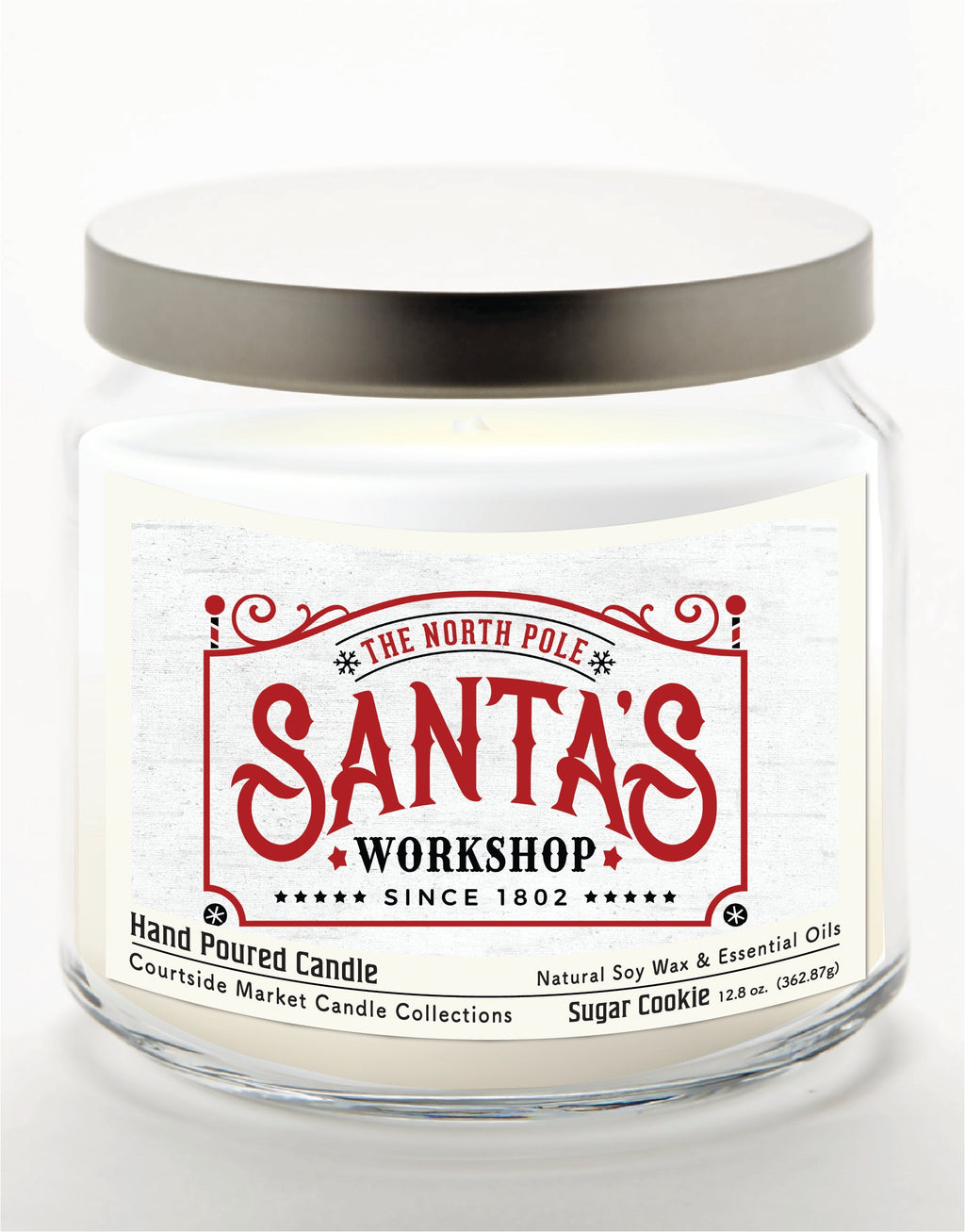 Santas Workshop 12.8 Oz Candle Glass Jar with Brushed Silver Metal Lid