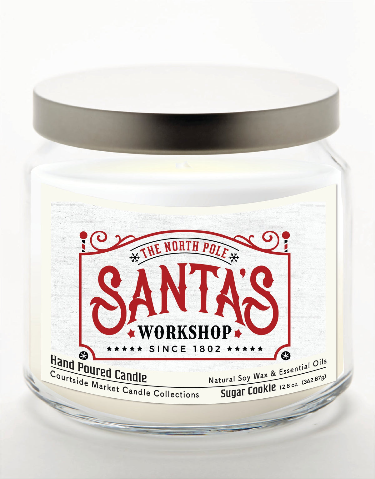 Santas Workshop 12.8 Oz Candle Glass Jar with Brushed Silver Metal Lid