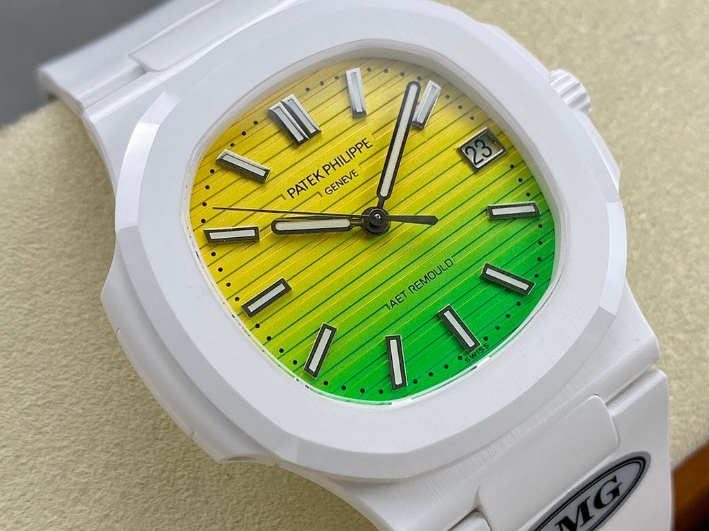 Patek Philippe Nautilus 5711 × AET Remould – White Ceramic Case & Bracelet Yellow Green Gradient Dial Date