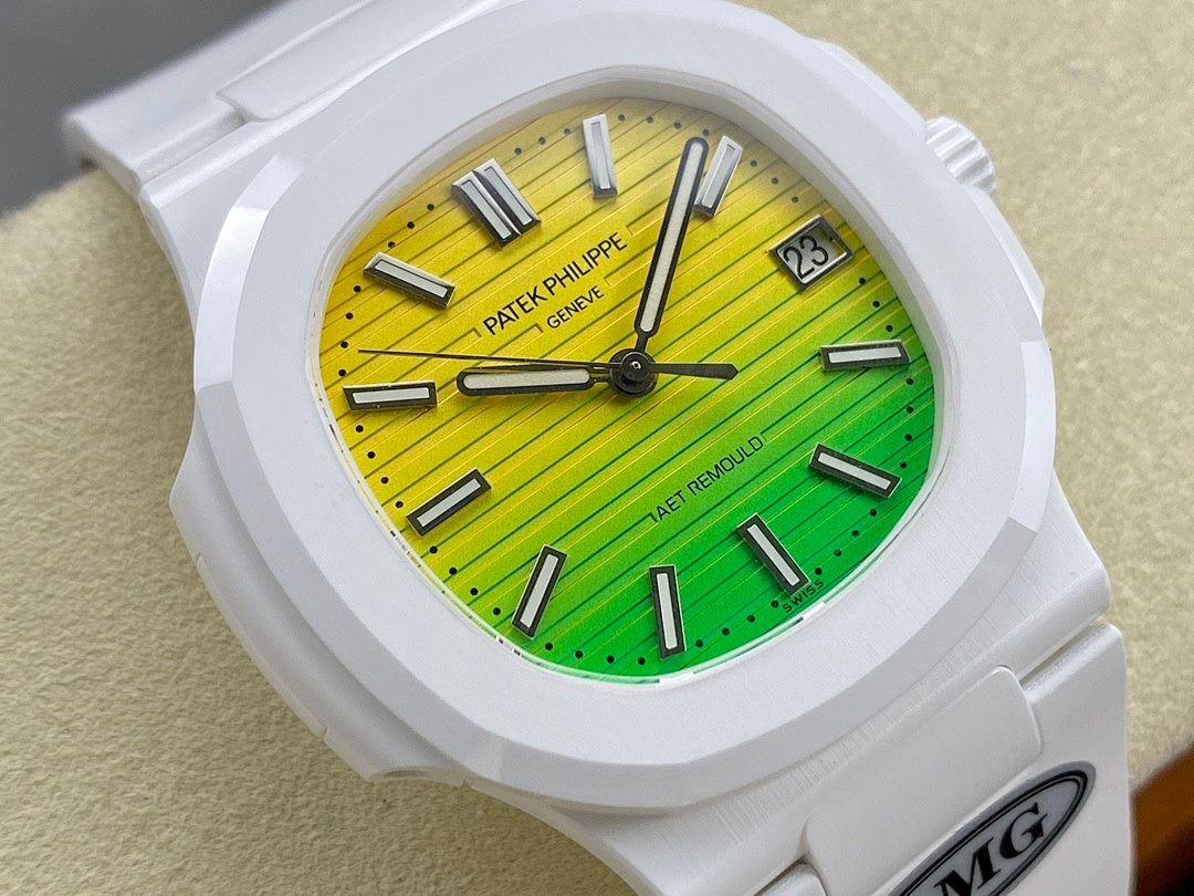 Patek Philippe Nautilus 5711 × AET Remould – White Ceramic Case & Bracelet Yellow Green Gradient Dial Date