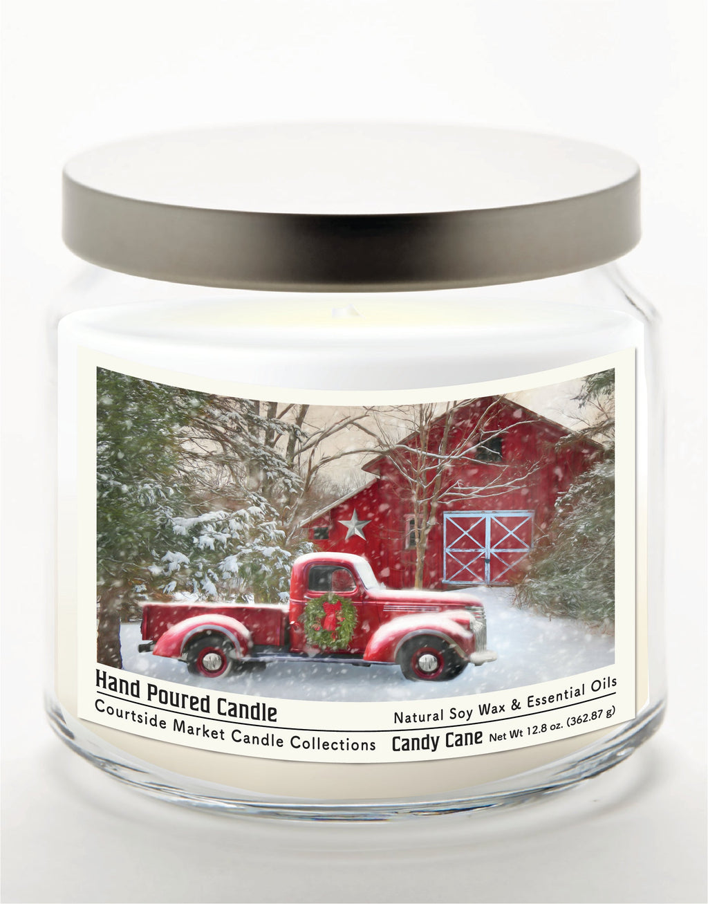 Barn with Truck 12.8 Oz Candle Glass Jar with Brushed Silver Metal Lid
