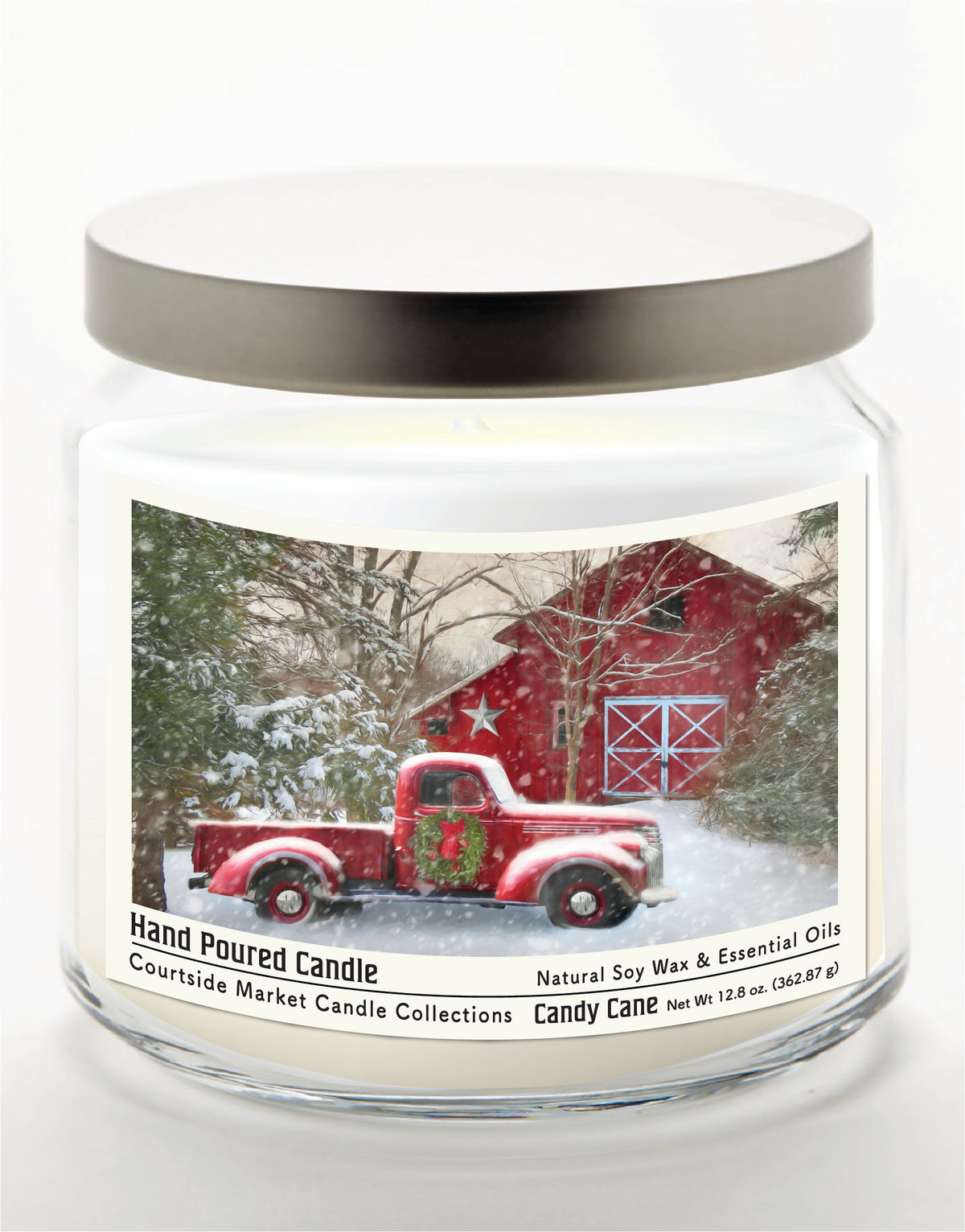 Barn with Truck 12.8 Oz Candle Glass Jar with Brushed Silver Metal Lid