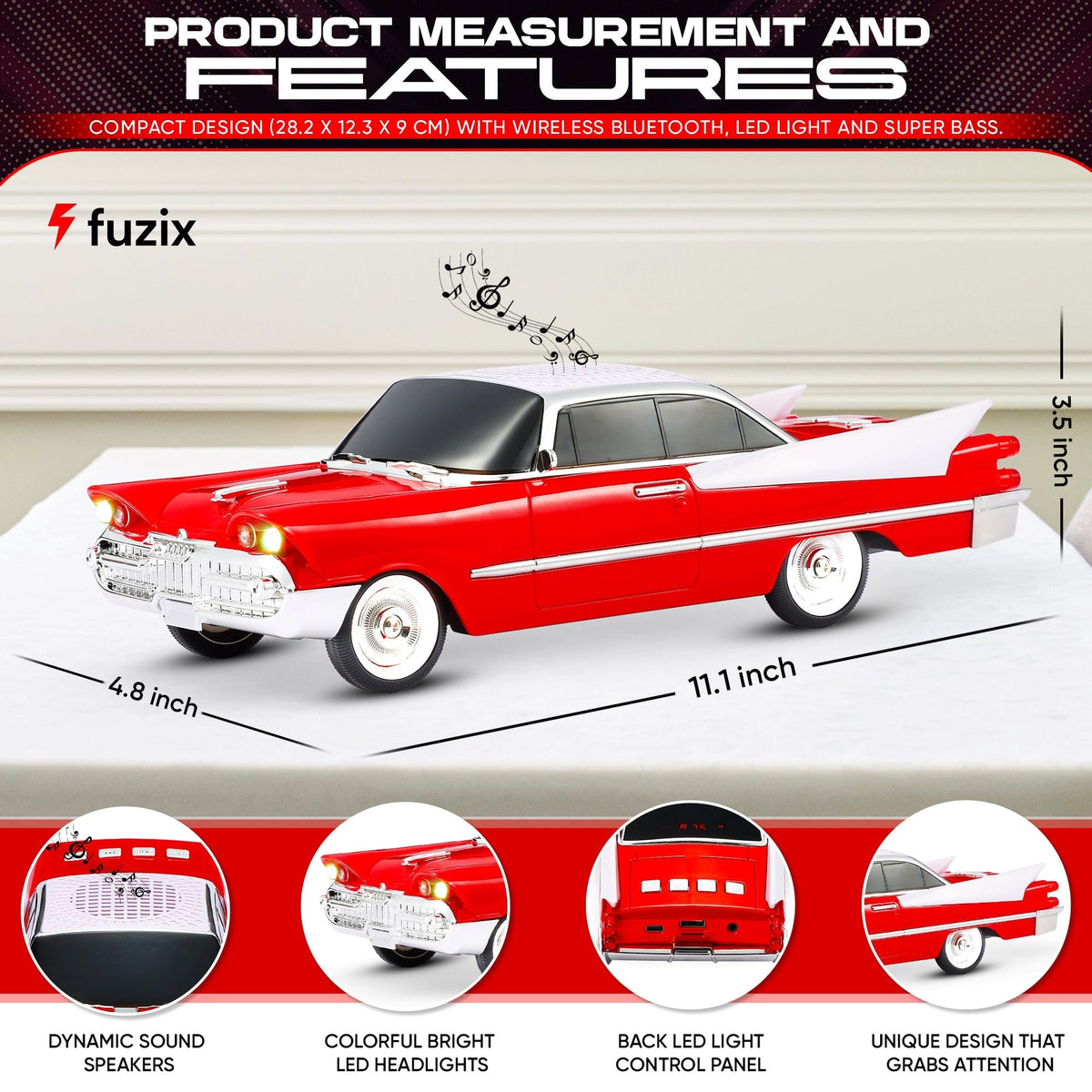 Portable Bluetooth Speaker Fuzix WS-1965 Retro Car with LED Lights, Mic, FM, AUX, USB and TF