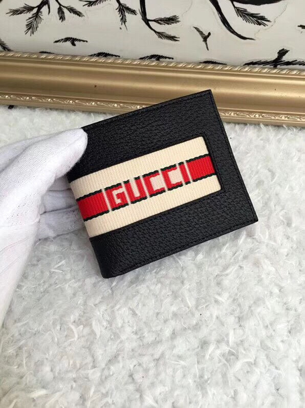 Gucci Stripe Print Bifold Wallet – Black Leather Web Stripe GUCCI Wordmark