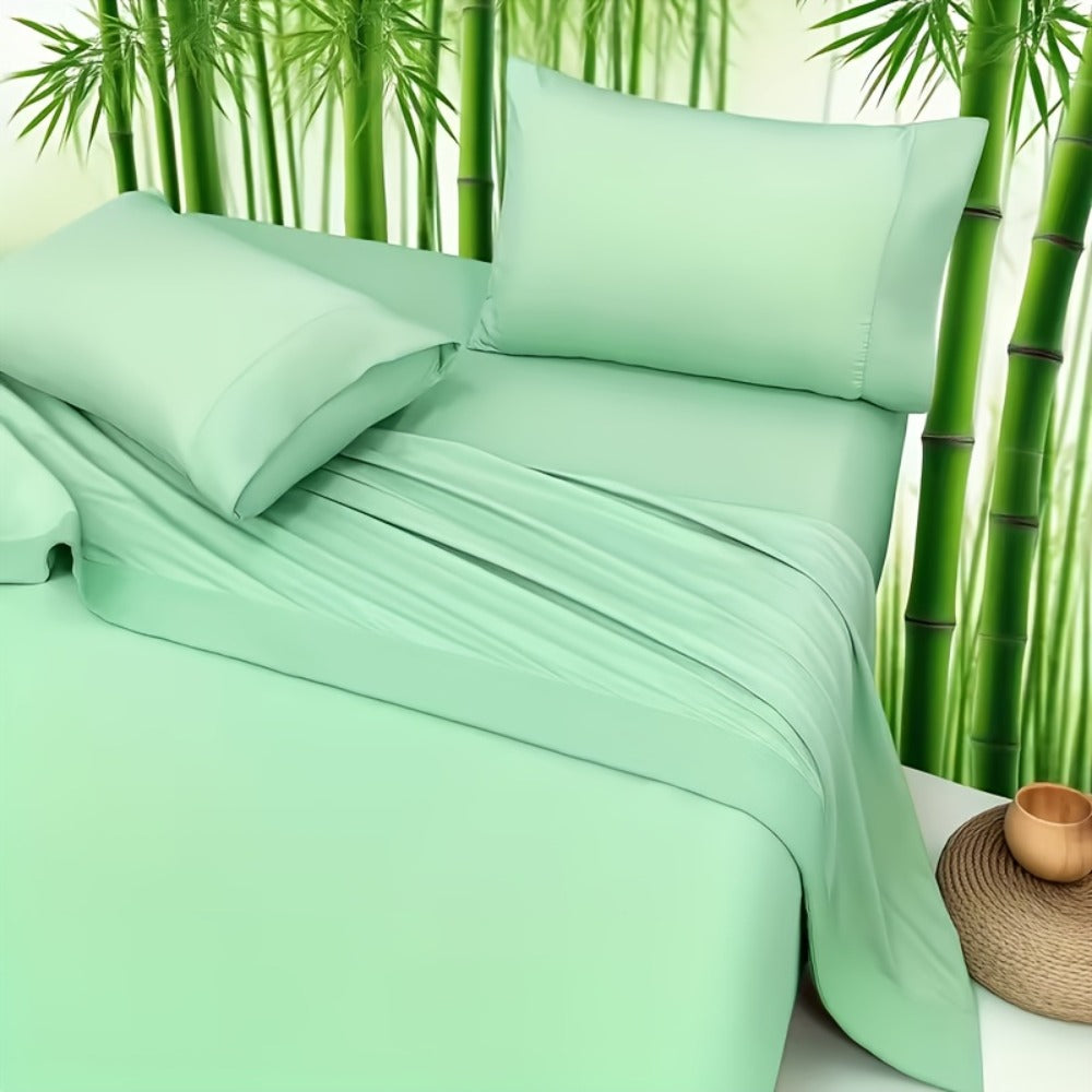 Bed Sheet Set 4-Piece Bamboo-Derived Cooling Fabric with Deep-Pocket Fitted Sheet and Four Bed Sizes