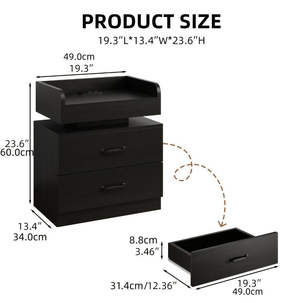 Bedside Table in Black or White in a Tray-Top Two-Drawer Charging Station Nightstand Design with LED Light