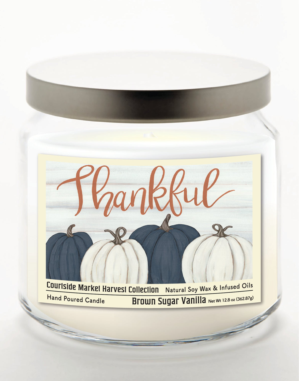 Pumpkin Thankful 12.8 Oz Candle Glass Jar with Brushed Silver Metal Lid